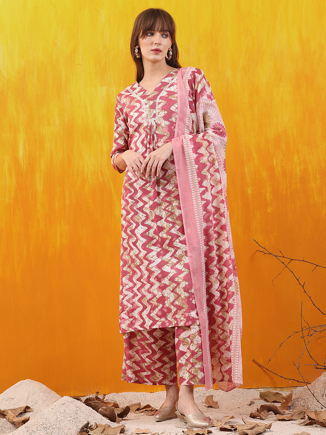 Chevron Printed Kurta with Palazzo Pant & Dupatta