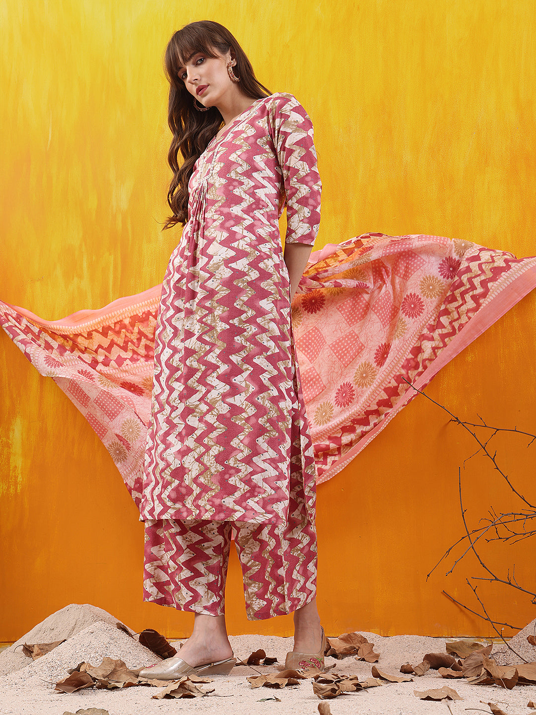 Chevron Printed Kurta with Palazzo Pant & Dupatta