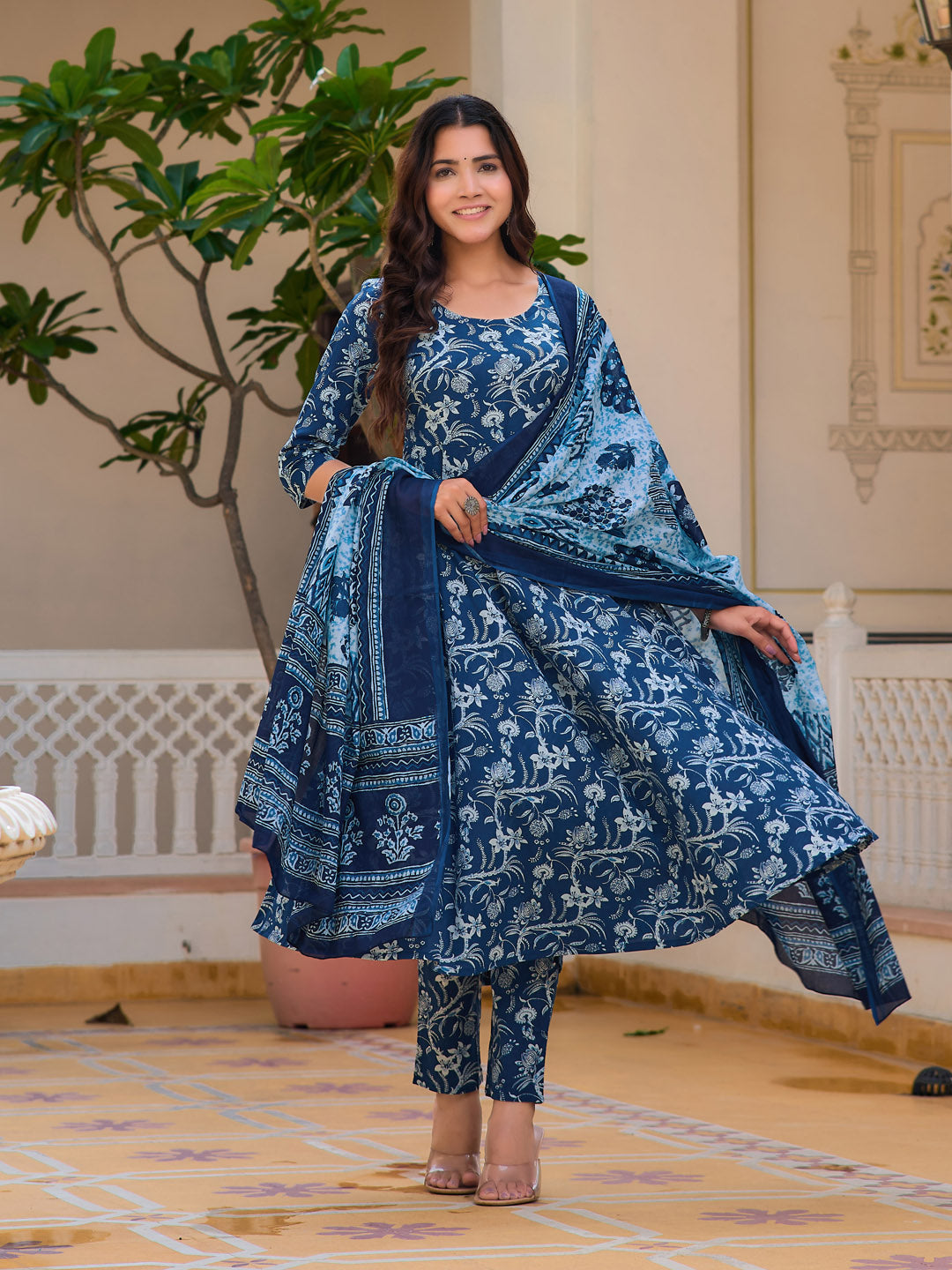 Floral Printed Flared Kurta with pant & Dupatta