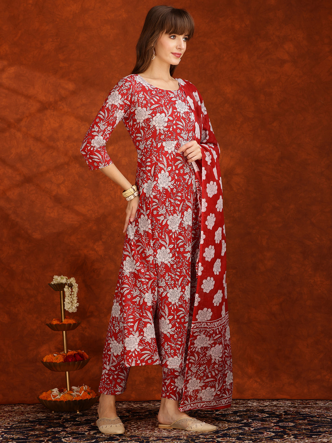 Floral Printed Flared Kurta with pant & Dupatta