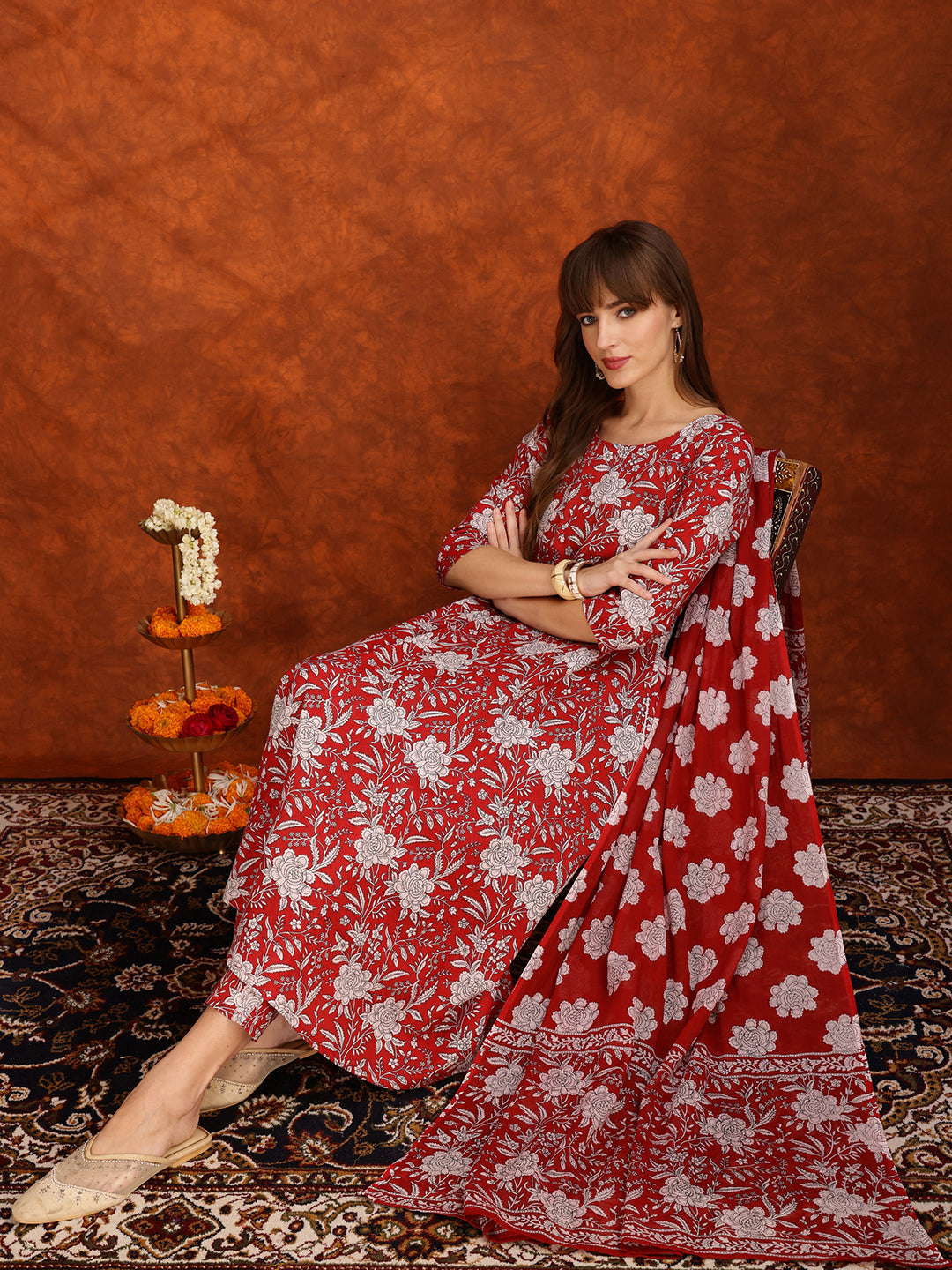 Floral Printed Flared Kurta with pant & Dupatta