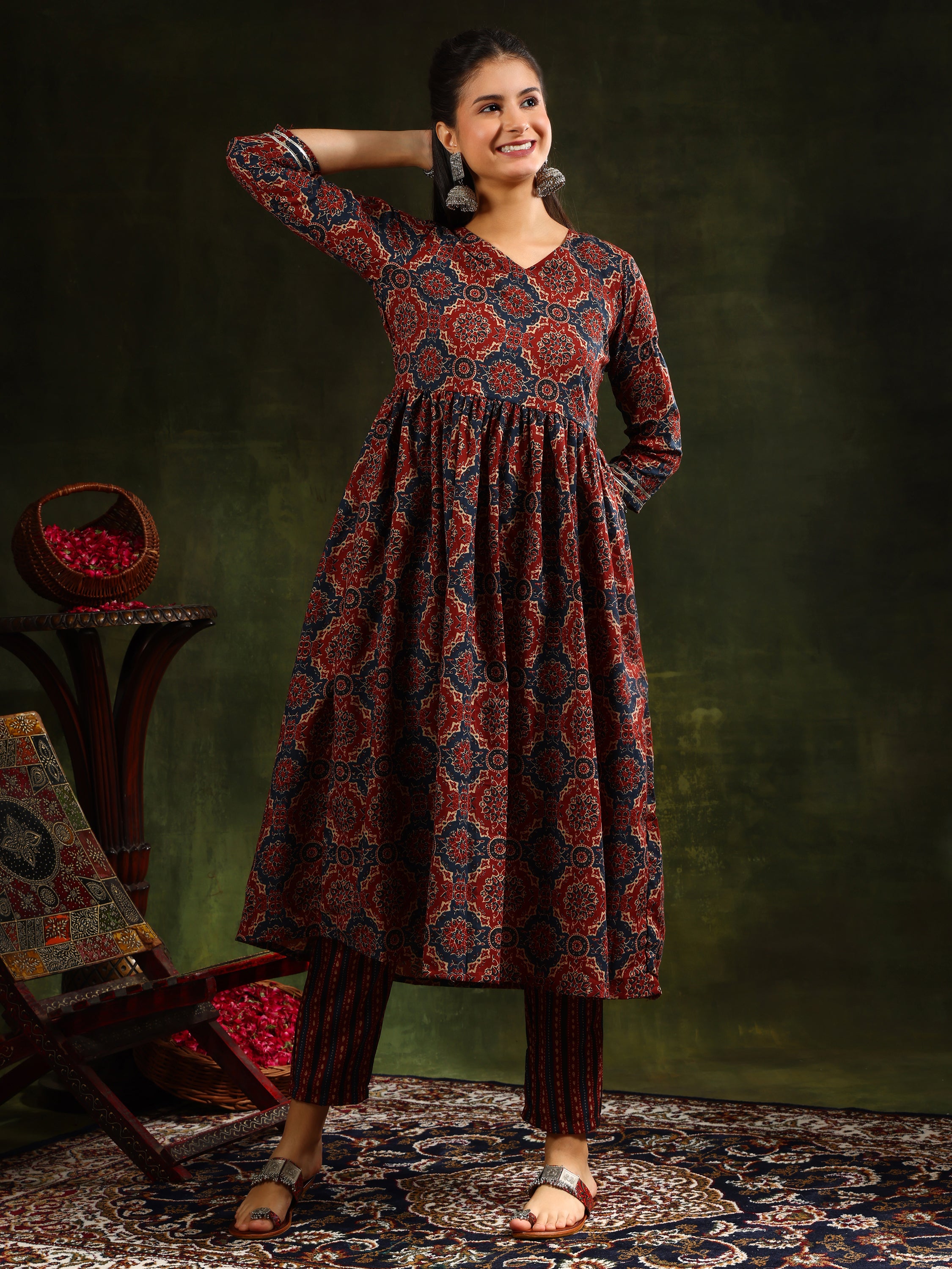 Printed Flared Anarkali Kurta with Pant & Dupatta