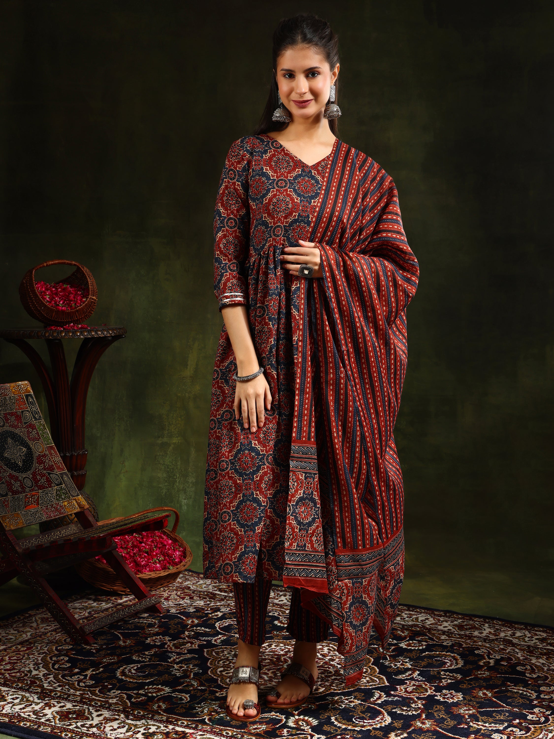 Printed Flared Anarkali Kurta with Pant & Dupatta