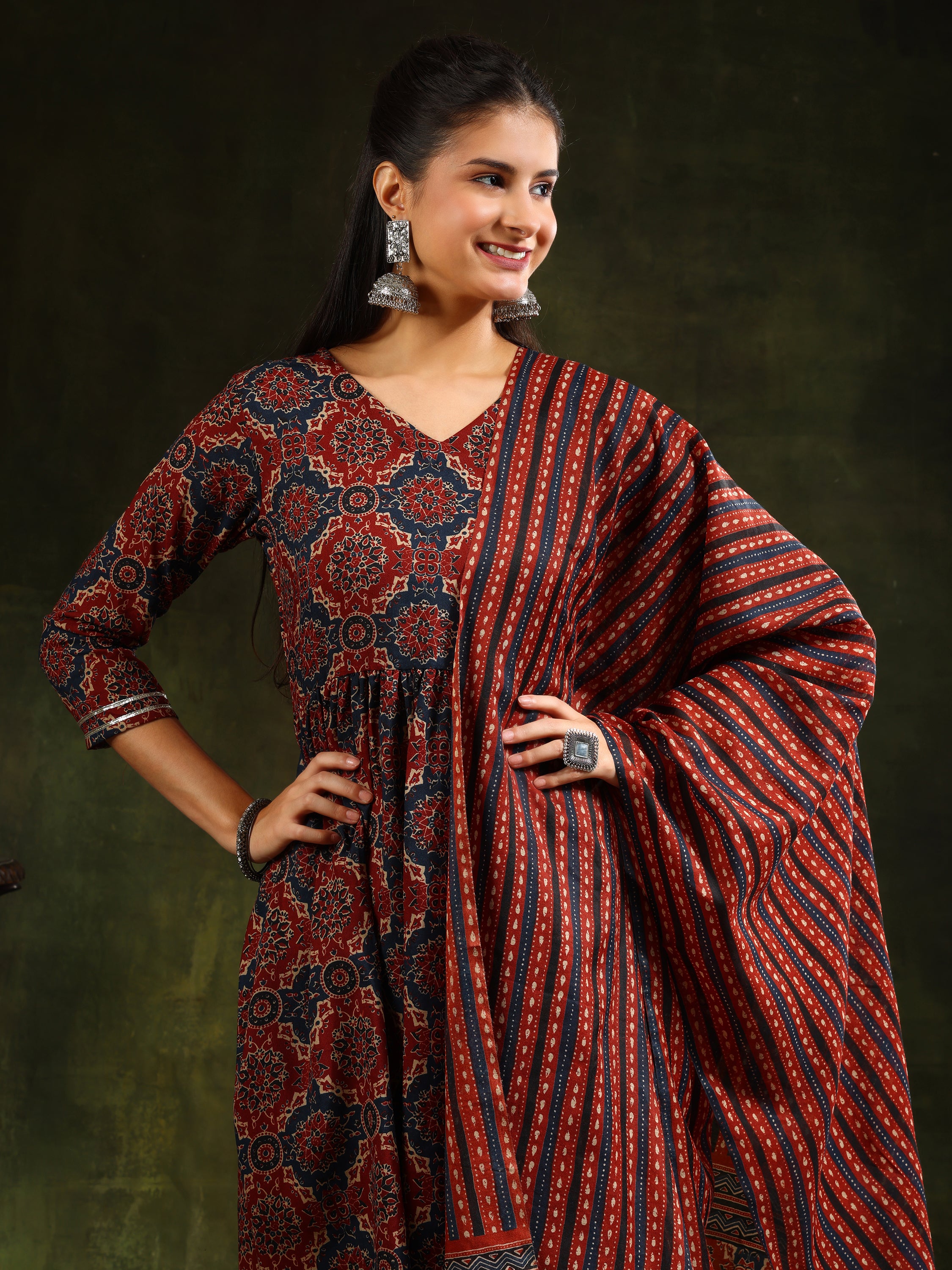 Printed Flared Anarkali Kurta with Pant & Dupatta