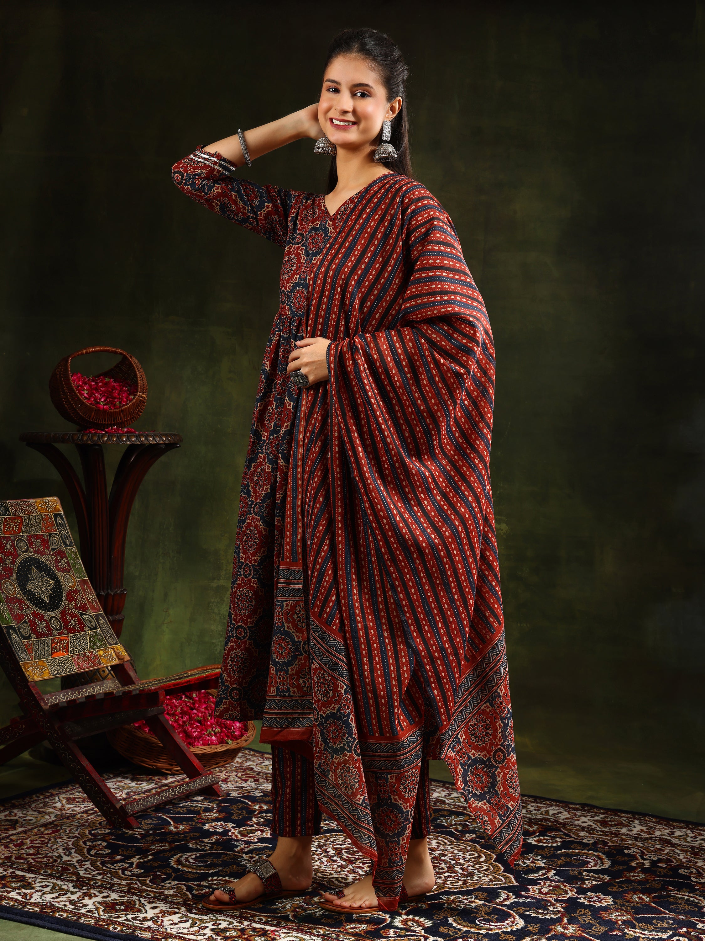 Printed Flared Anarkali Kurta with Pant & Dupatta