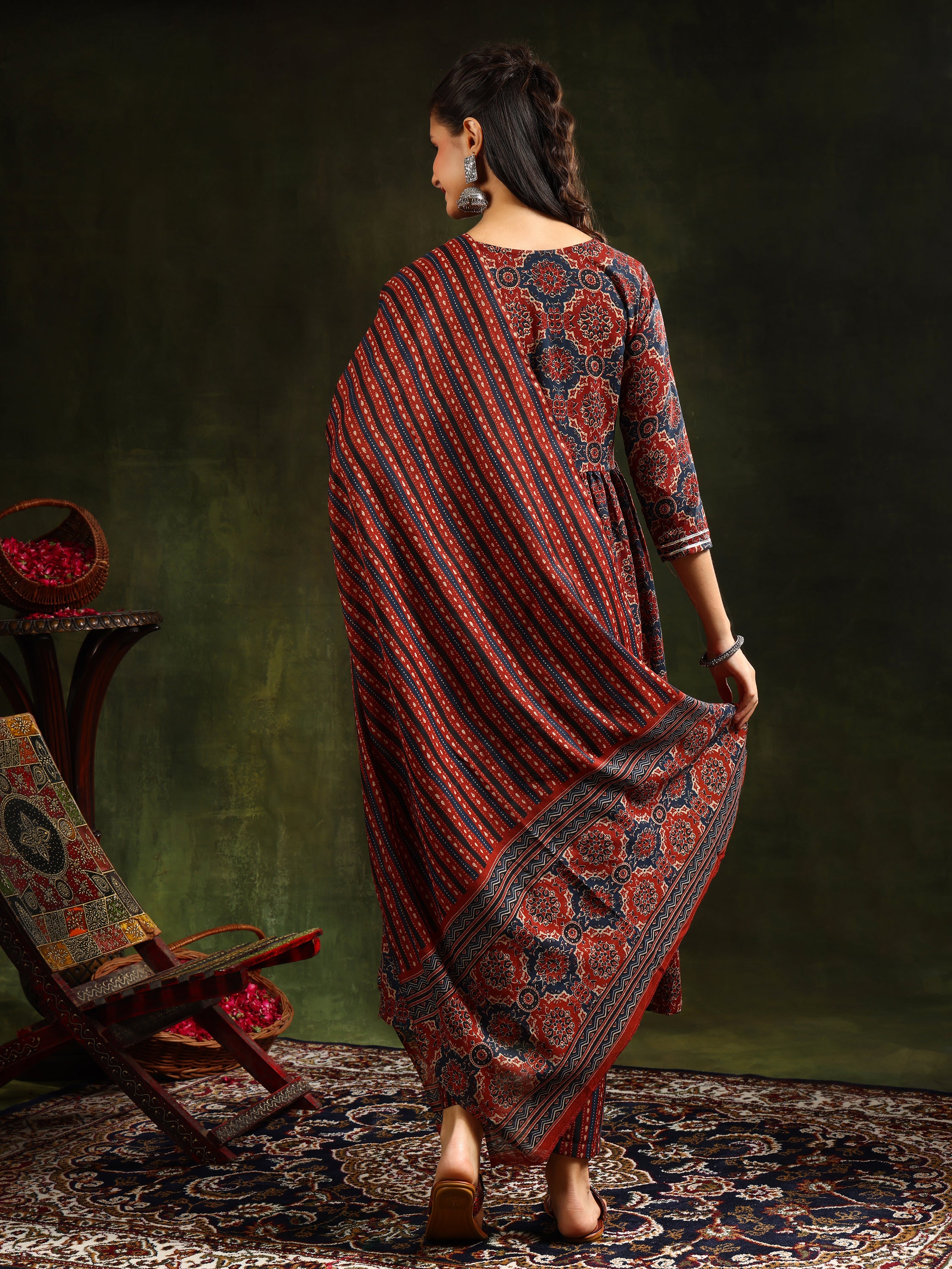 Printed Flared Anarkali Kurta with Pant & Dupatta