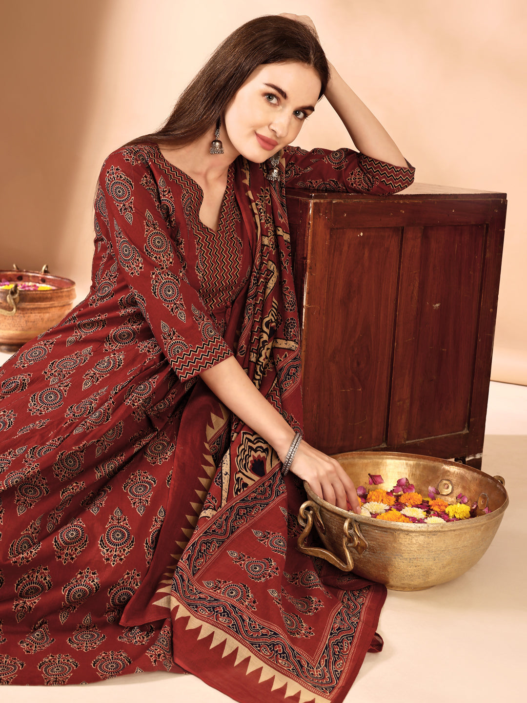 Flared Ethnic Motifs Printed Kurta with Palazzo Pant & Dupatta