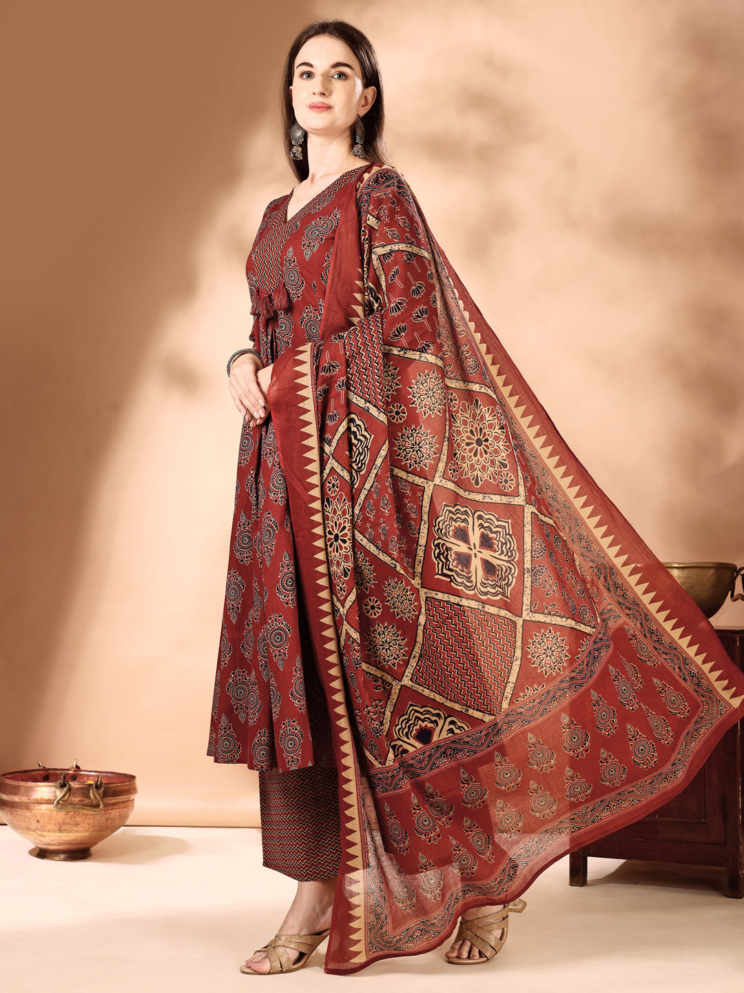 Flared Ethnic Motifs Printed Kurta with Palazzo Pant & Dupatta