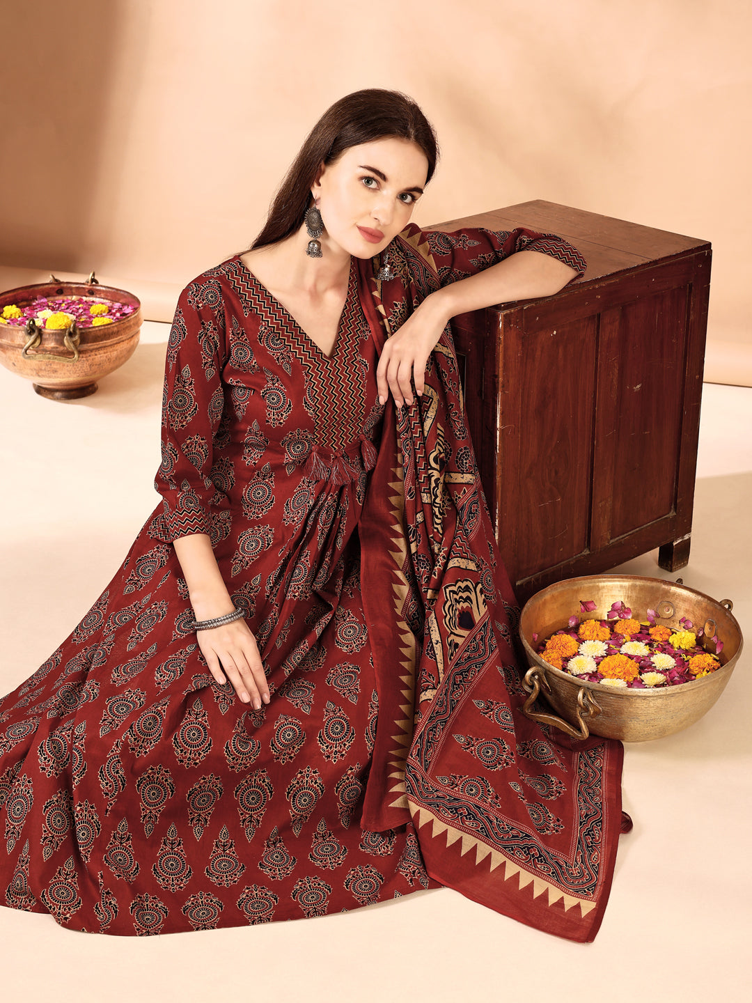 Flared Ethnic Motifs Printed Kurta with Palazzo Pant & Dupatta