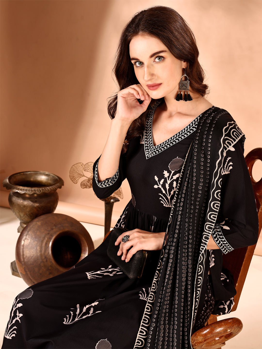 Embroidered & Ethnic Motifs Printed Flared Kurta with Pant & Dupatta