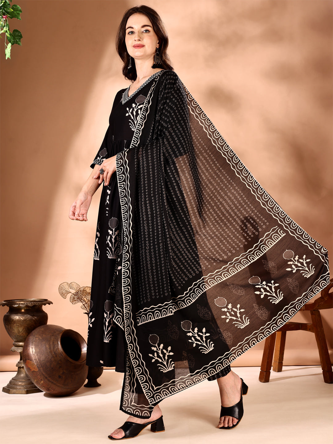 Embroidered & Ethnic Motifs Printed Flared Kurta with Pant & Dupatta