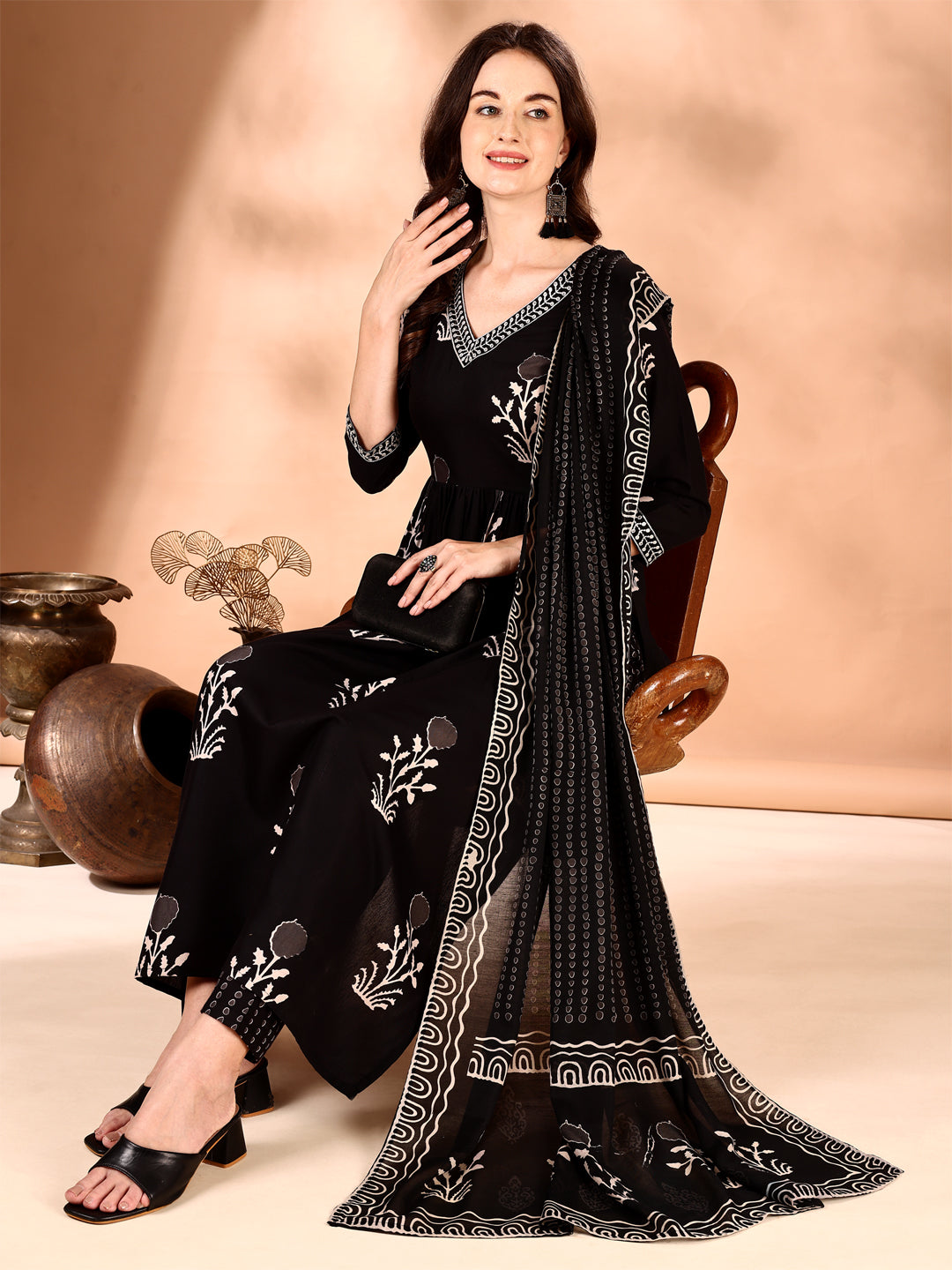 Embroidered & Ethnic Motifs Printed Flared Kurta with Pant & Dupatta