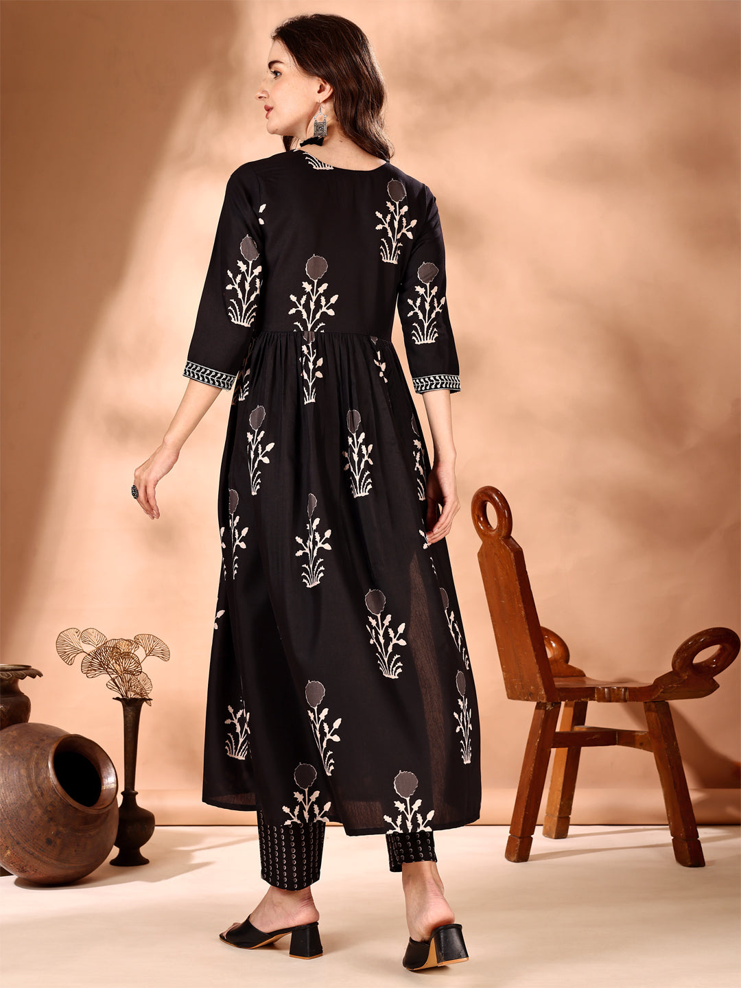 Embroidered & Ethnic Motifs Printed Flared Kurta with Pant & Dupatta