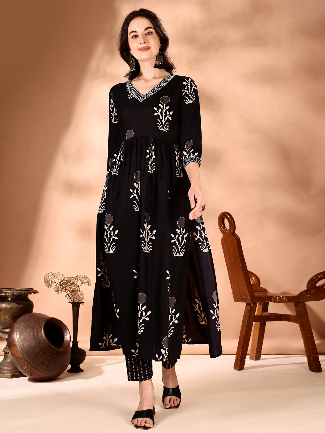 Embroidered & Ethnic Motifs Printed Flared Kurta with Pant & Dupatta