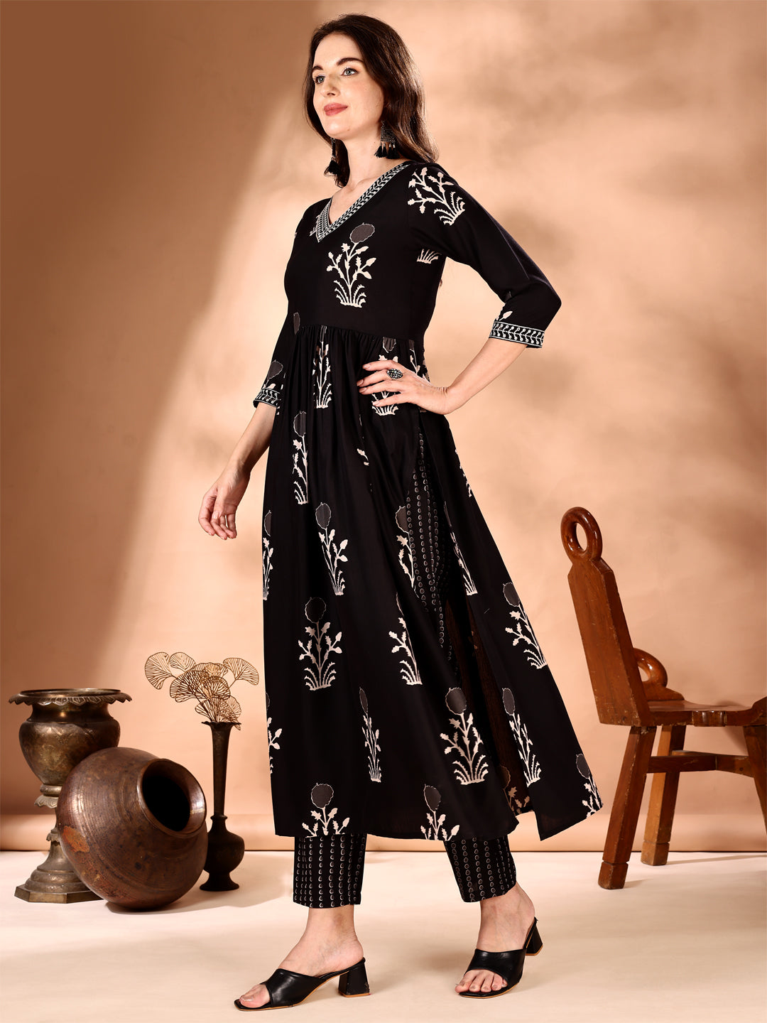 Embroidered & Ethnic Motifs Printed Flared Kurta with Pant & Dupatta