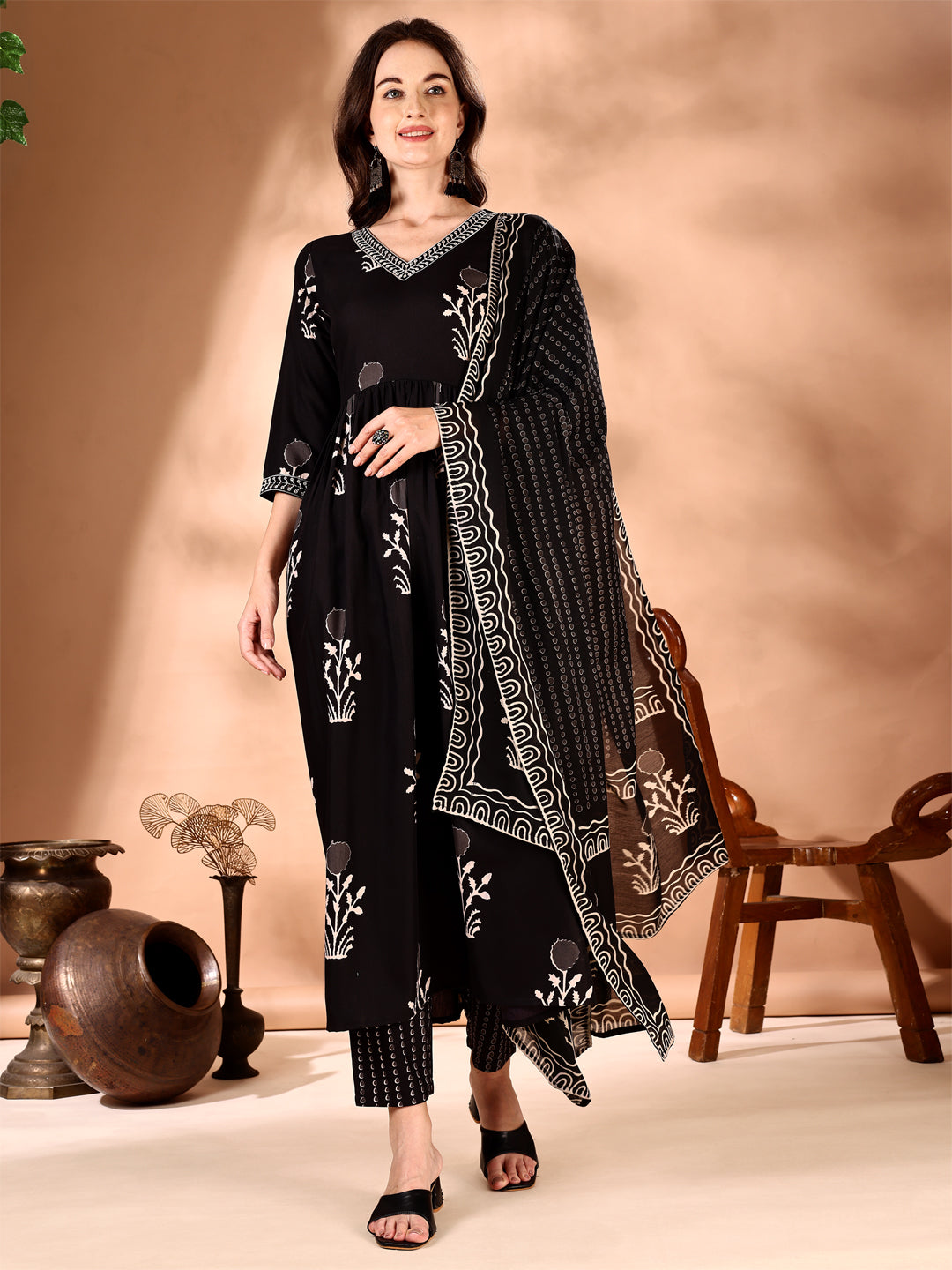 Embroidered & Ethnic Motifs Printed Flared Kurta with Pant & Dupatta