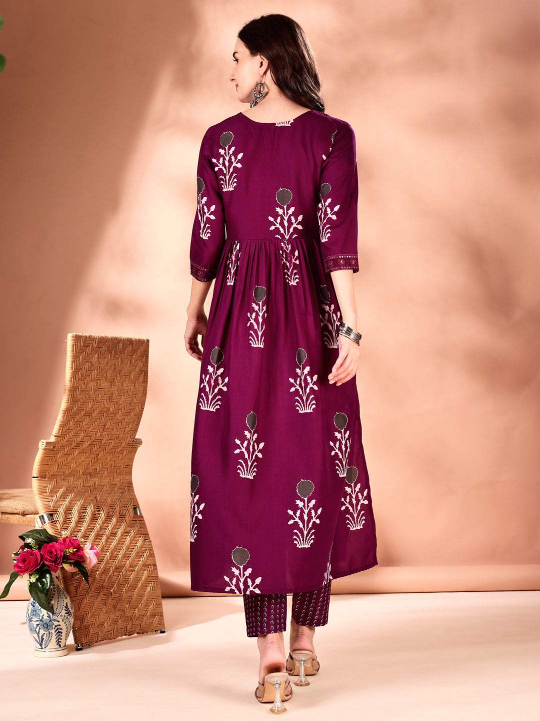 Embroidered & Ethnic Motifs Printed Flared Kurta with Pant & Dupatta