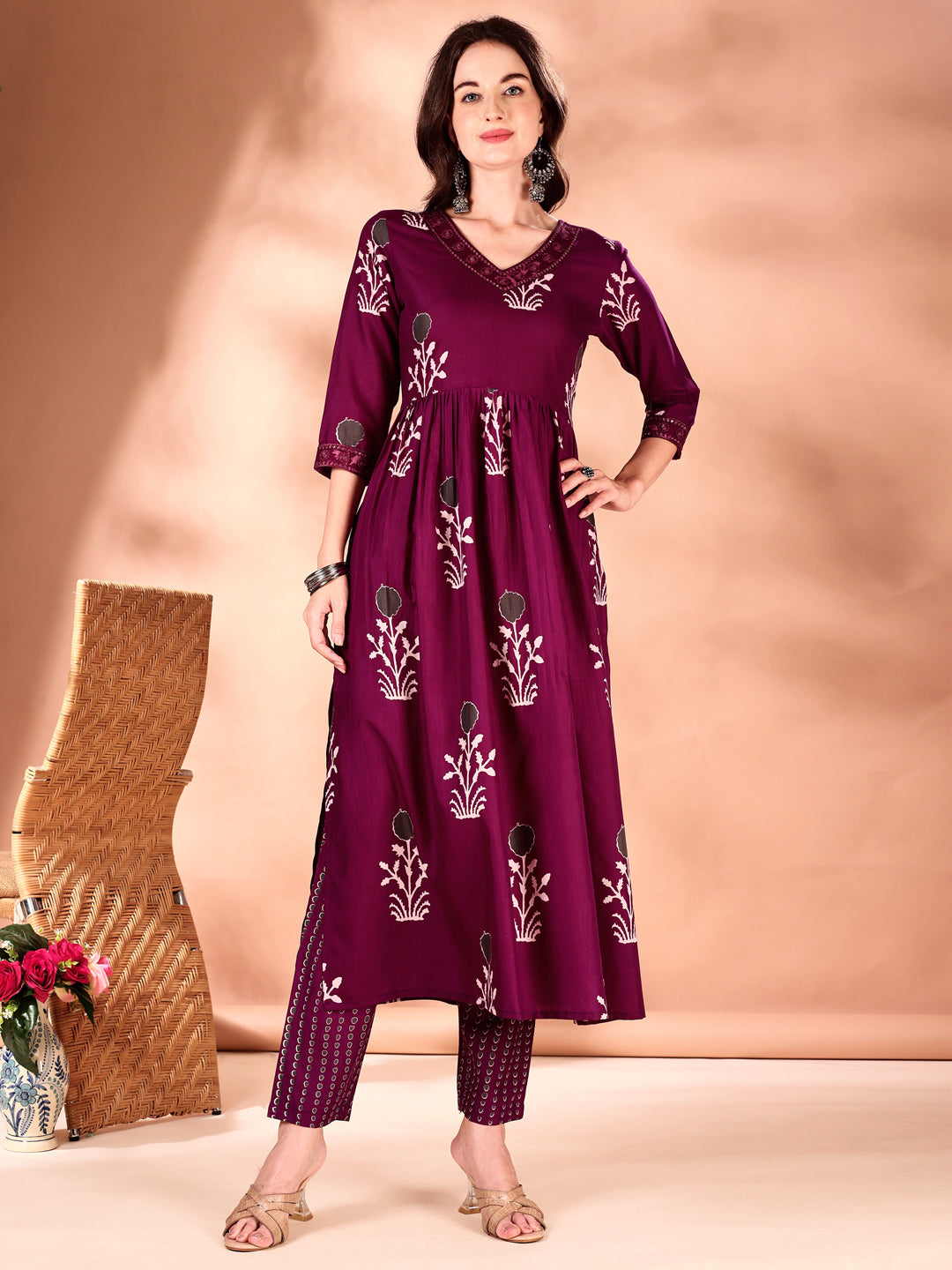 Embroidered & Ethnic Motifs Printed Flared Kurta with Pant & Dupatta