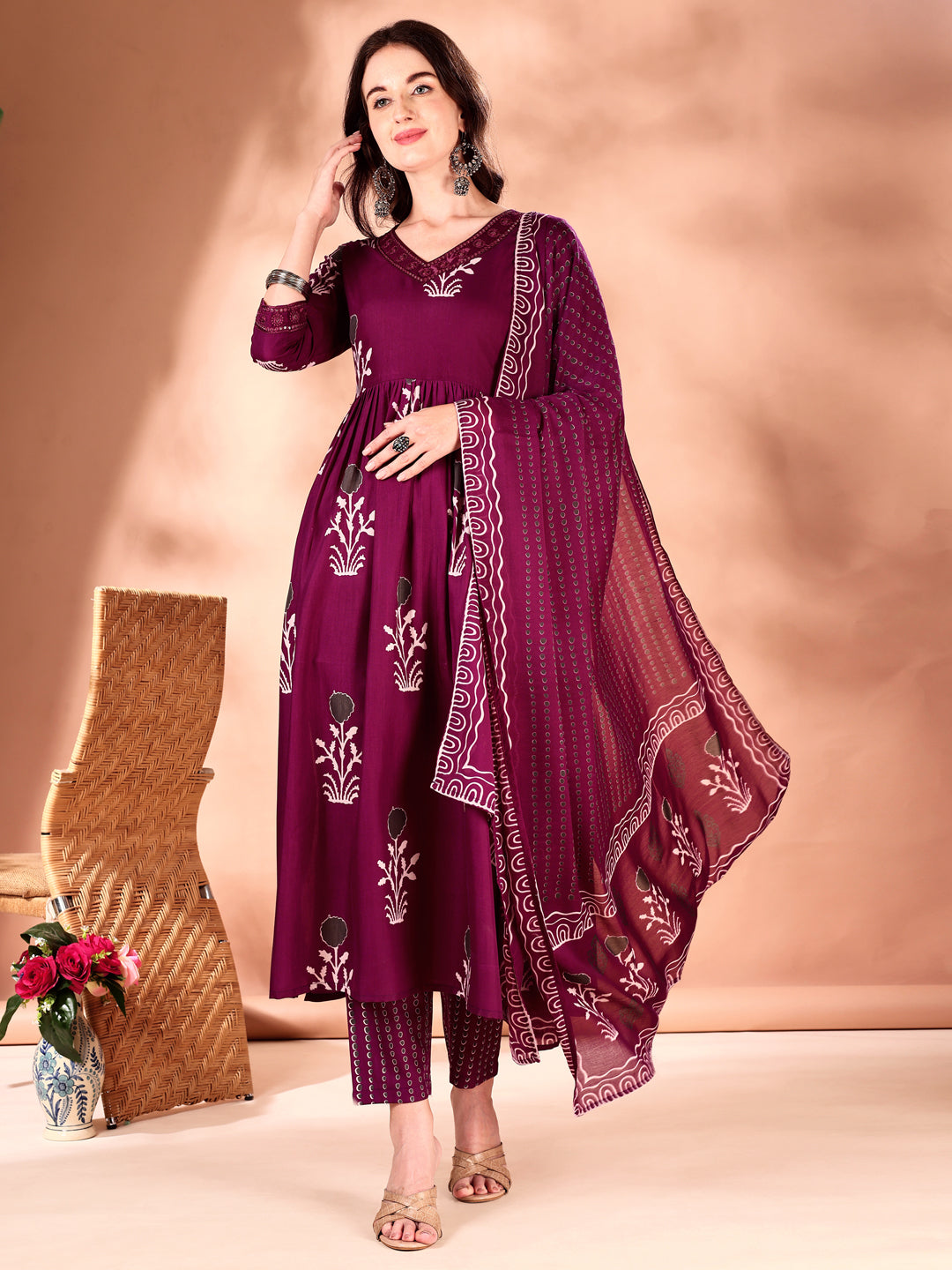 Embroidered & Ethnic Motifs Printed Flared Kurta with Pant & Dupatta