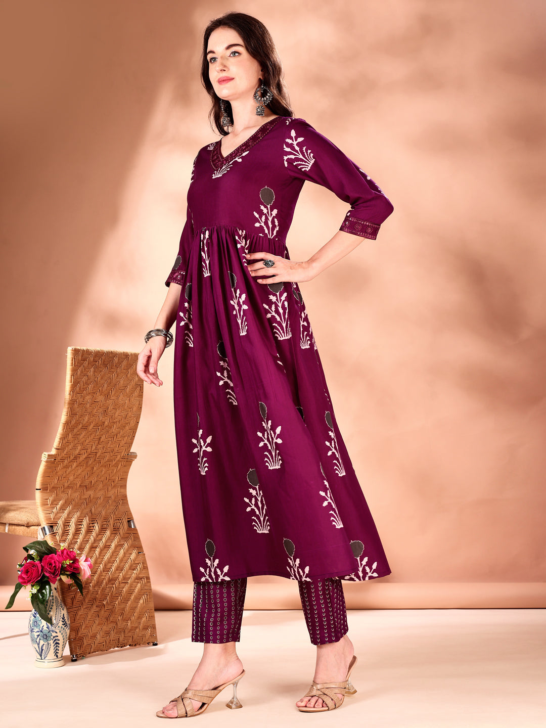 Embroidered & Ethnic Motifs Printed Flared Kurta with Pant & Dupatta