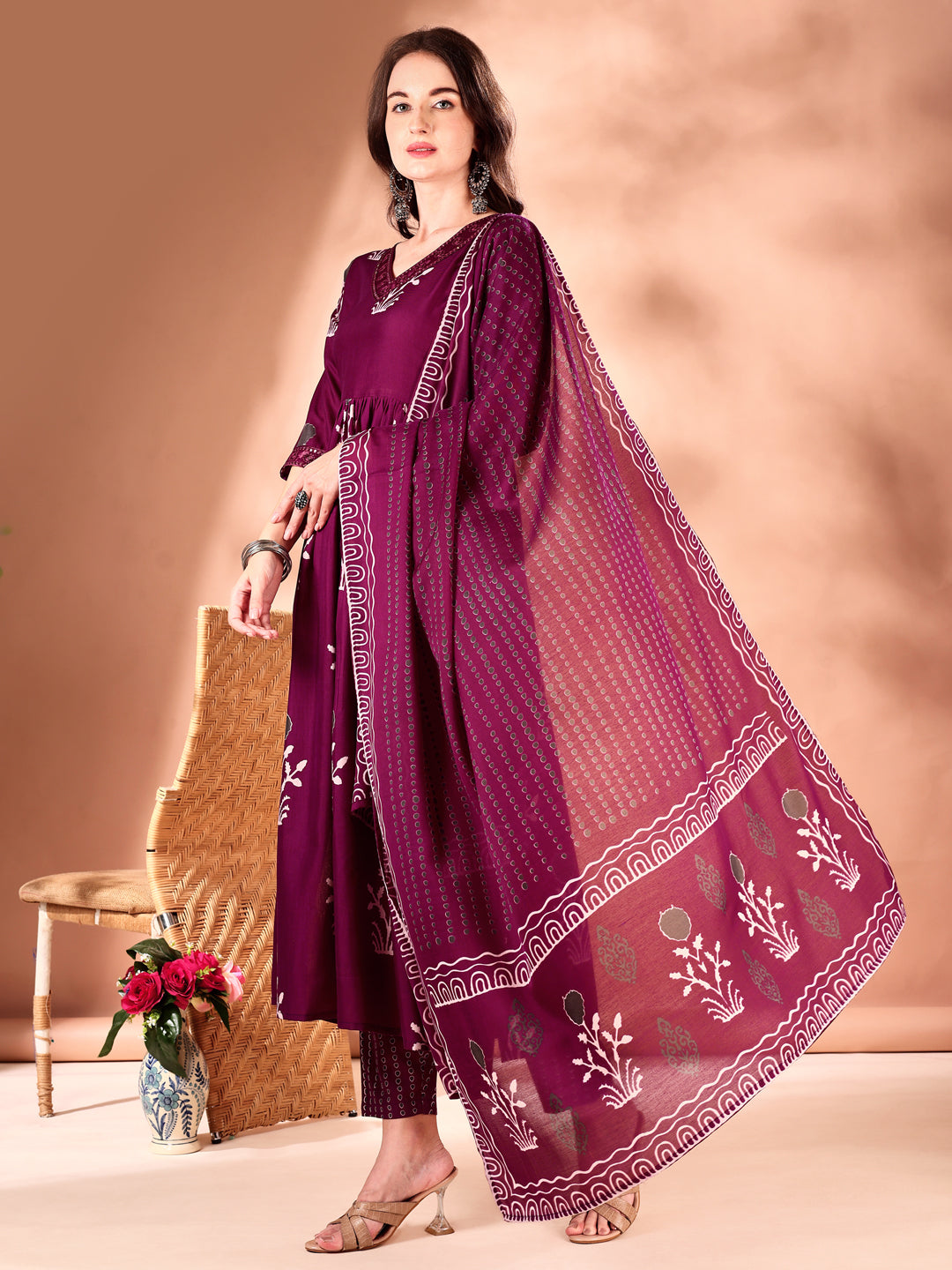 Embroidered & Ethnic Motifs Printed Flared Kurta with Pant & Dupatta