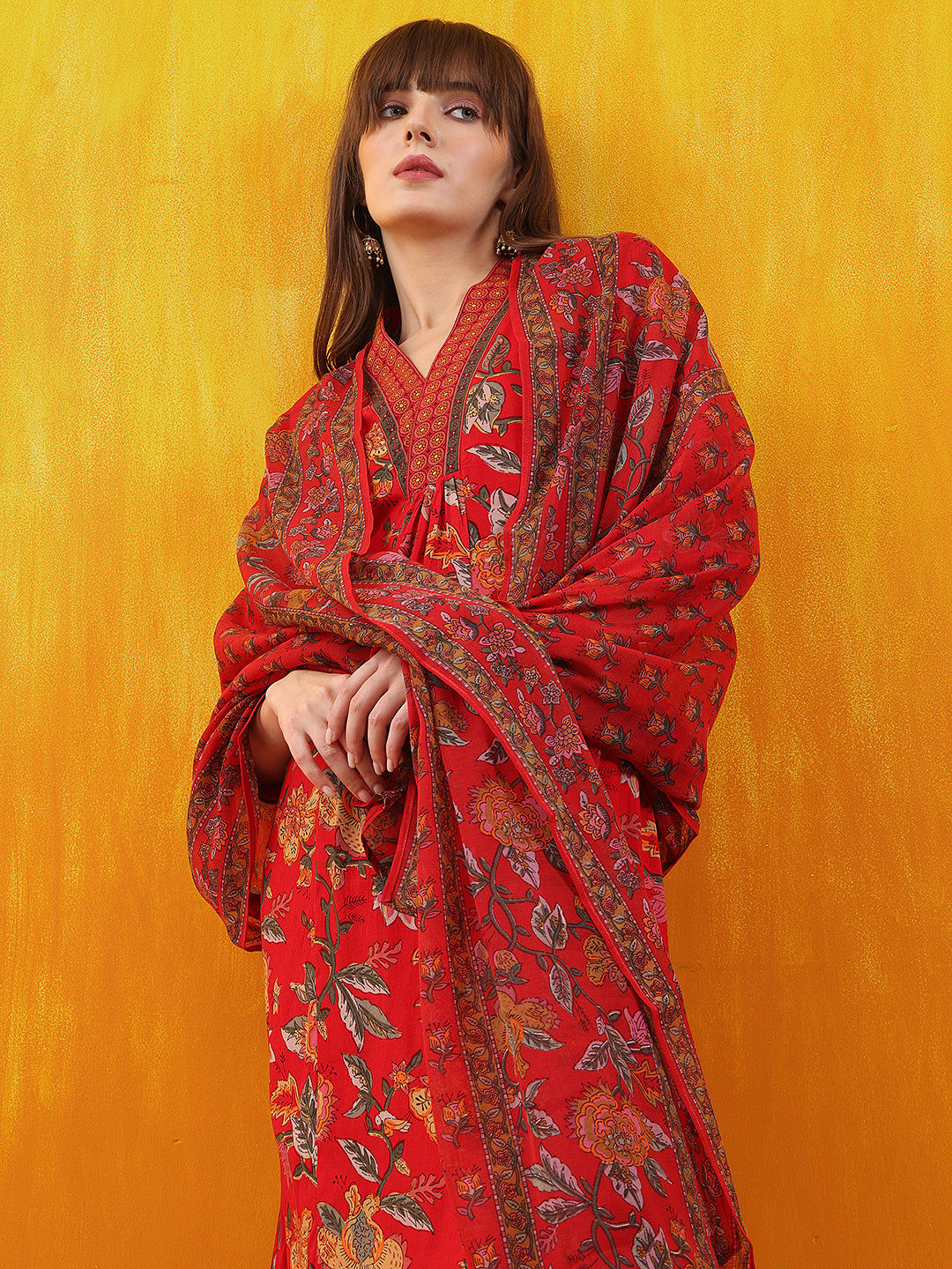 Floral printed A-line Flared Kurta with Palazzo & Dupatta