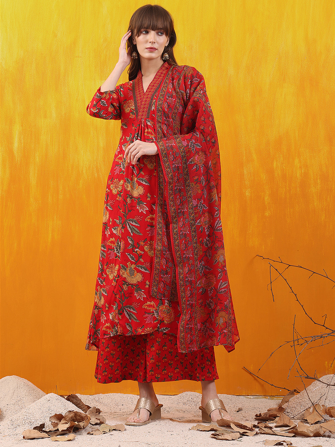 Floral printed A-line Flared Kurta with Palazzo & Dupatta