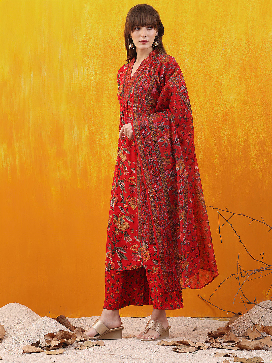 Floral printed A-line Flared Kurta with Palazzo & Dupatta