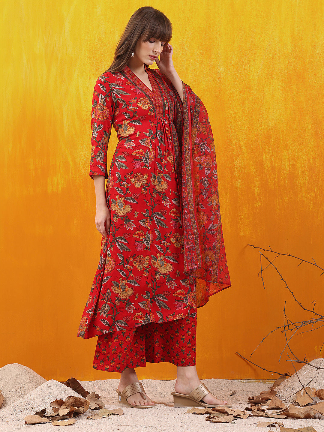 Floral printed A-line Flared Kurta with Palazzo & Dupatta