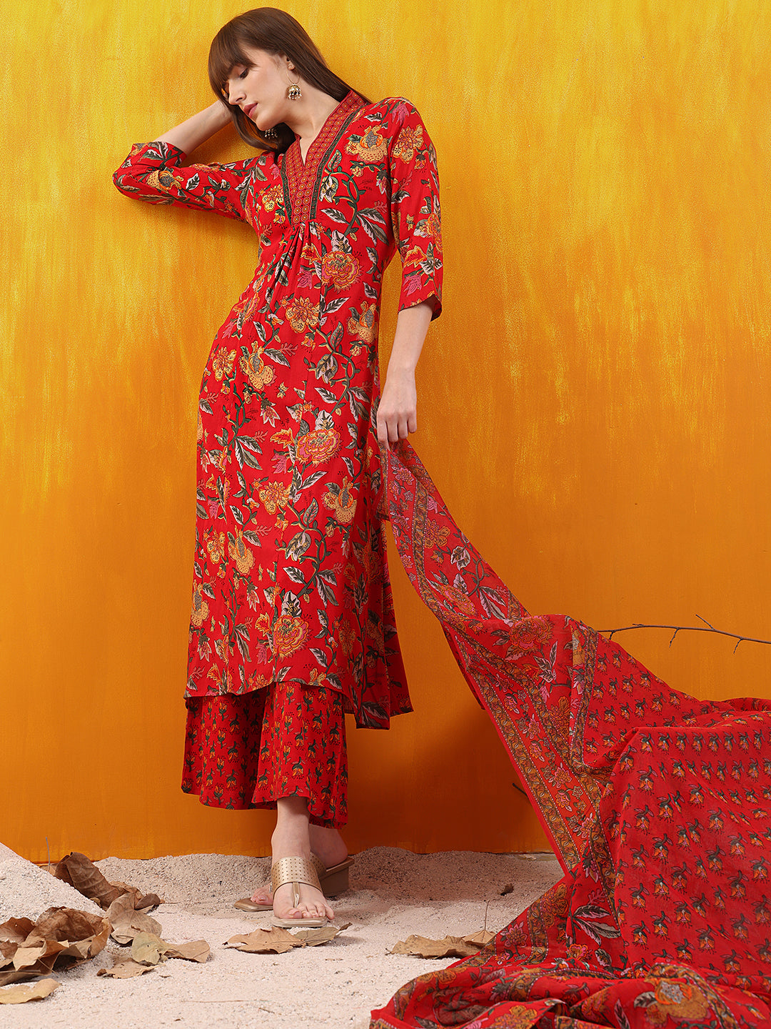 Floral printed A-line Flared Kurta with Palazzo & Dupatta