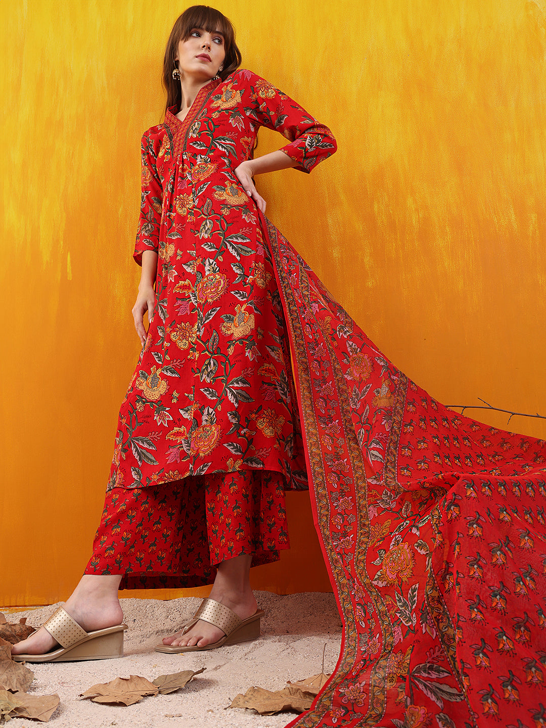 Floral printed A-line Flared Kurta with Palazzo & Dupatta