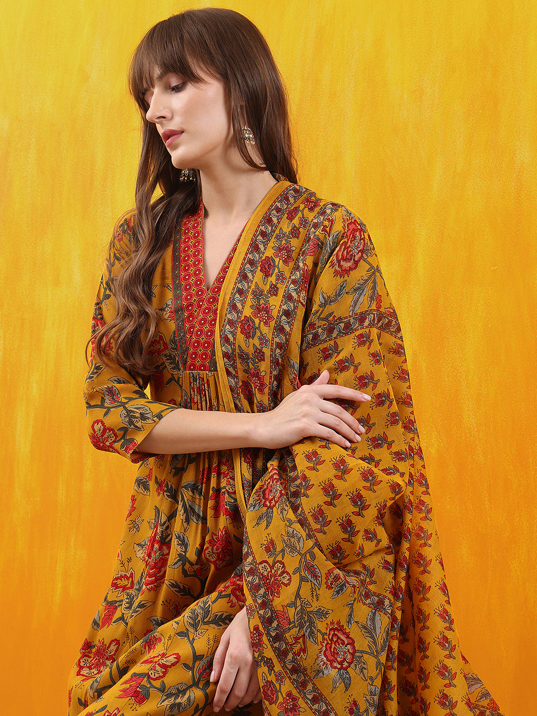 Floral printed A-line Flared Kurta with Palazzo & Dupatta