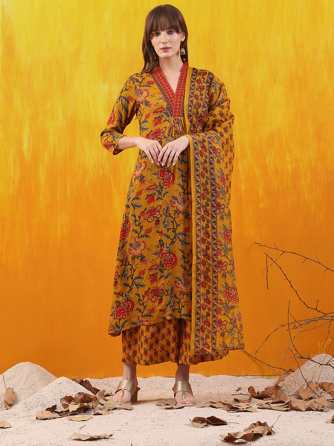 Floral printed A-line Flared Kurta with Palazzo & Dupatta