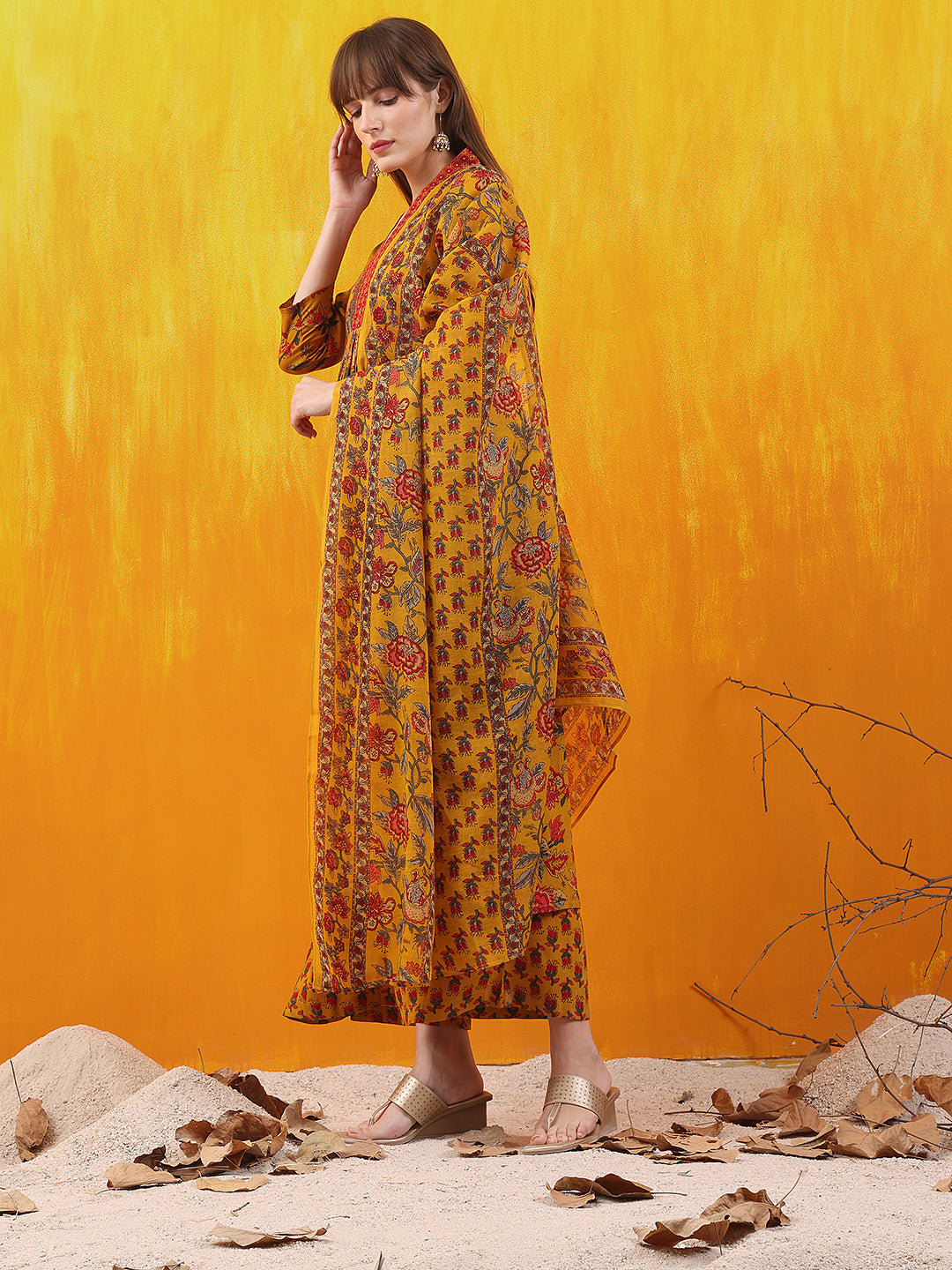 Floral printed A-line Flared Kurta with Palazzo & Dupatta