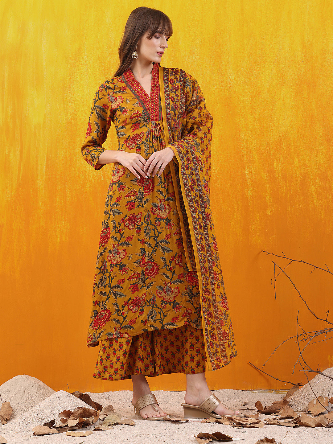 Floral printed A-line Flared Kurta with Palazzo & Dupatta