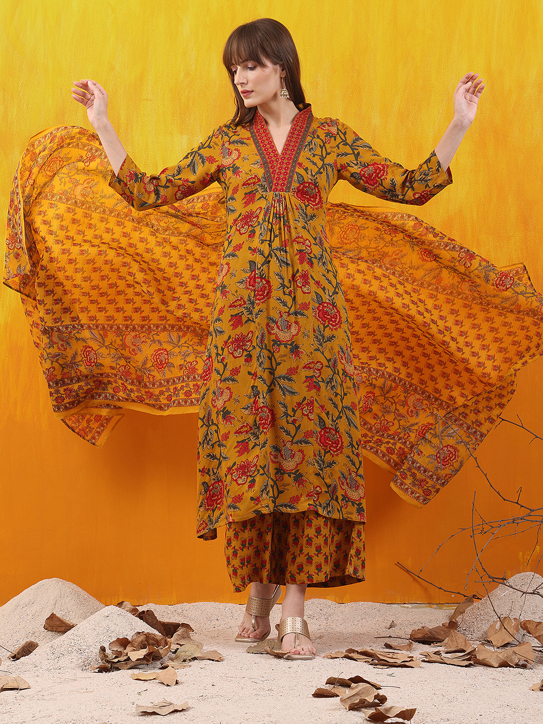 Floral printed A-line Flared Kurta with Palazzo & Dupatta