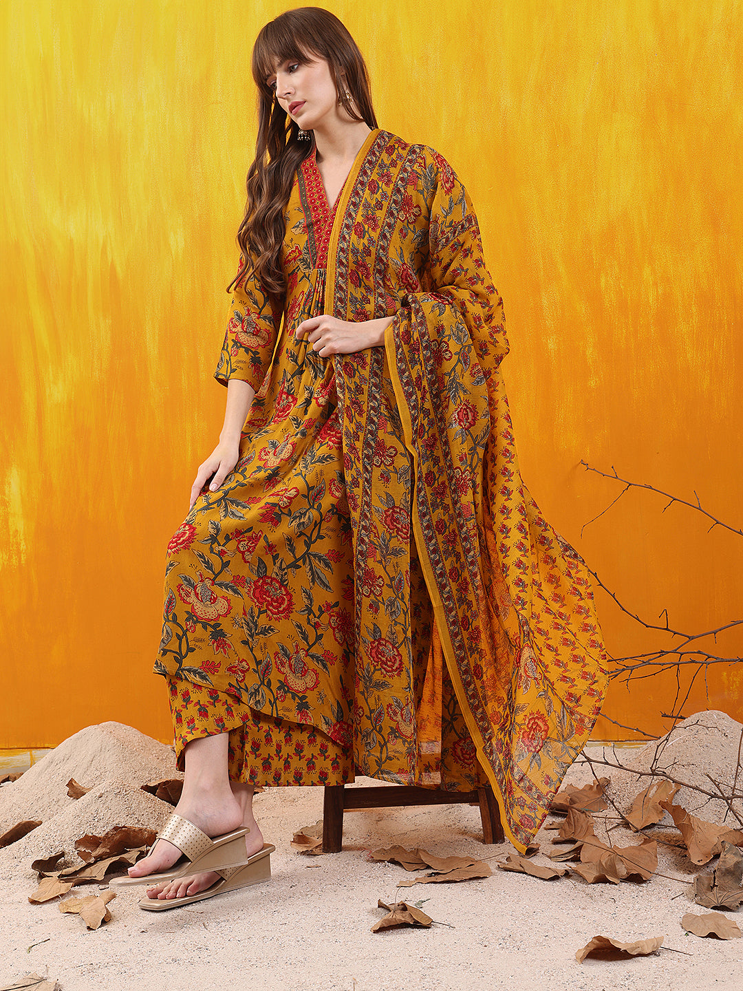 Floral printed A-line Flared Kurta with Palazzo & Dupatta