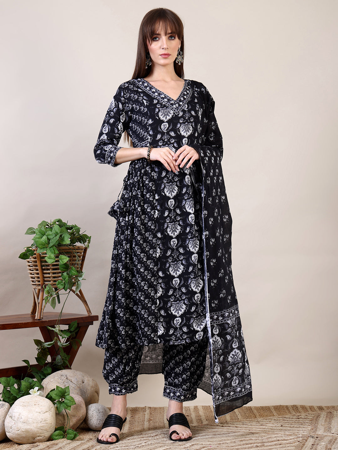 Printed Flared Kurta with Afghani Pant & Dupatta