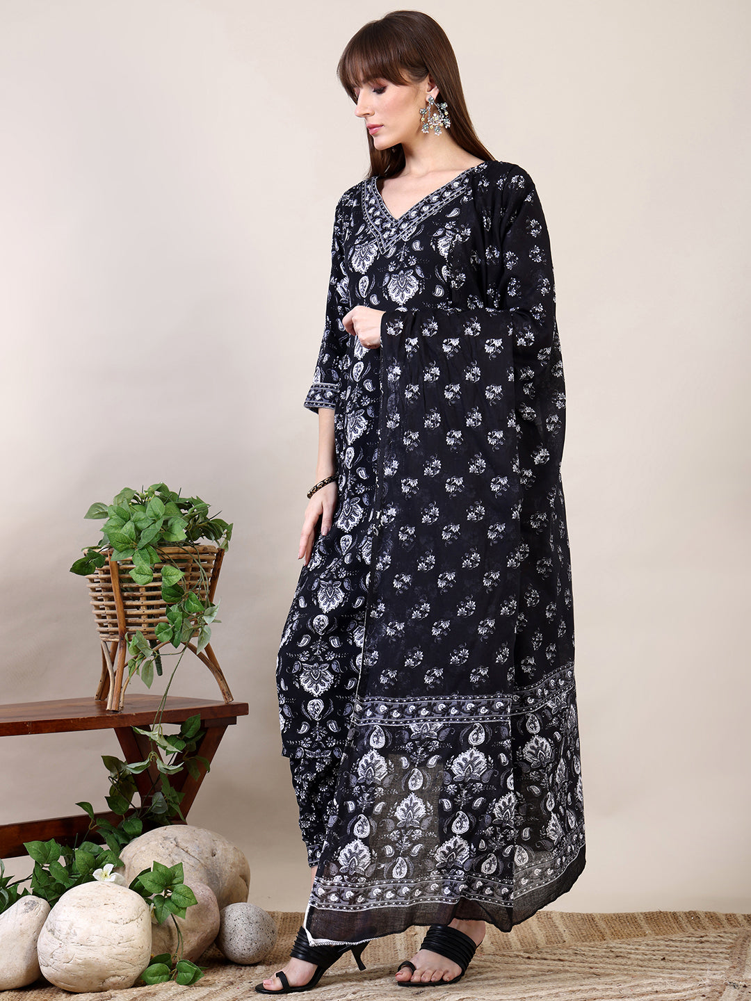 Printed Flared Kurta with Afghani Pant & Dupatta