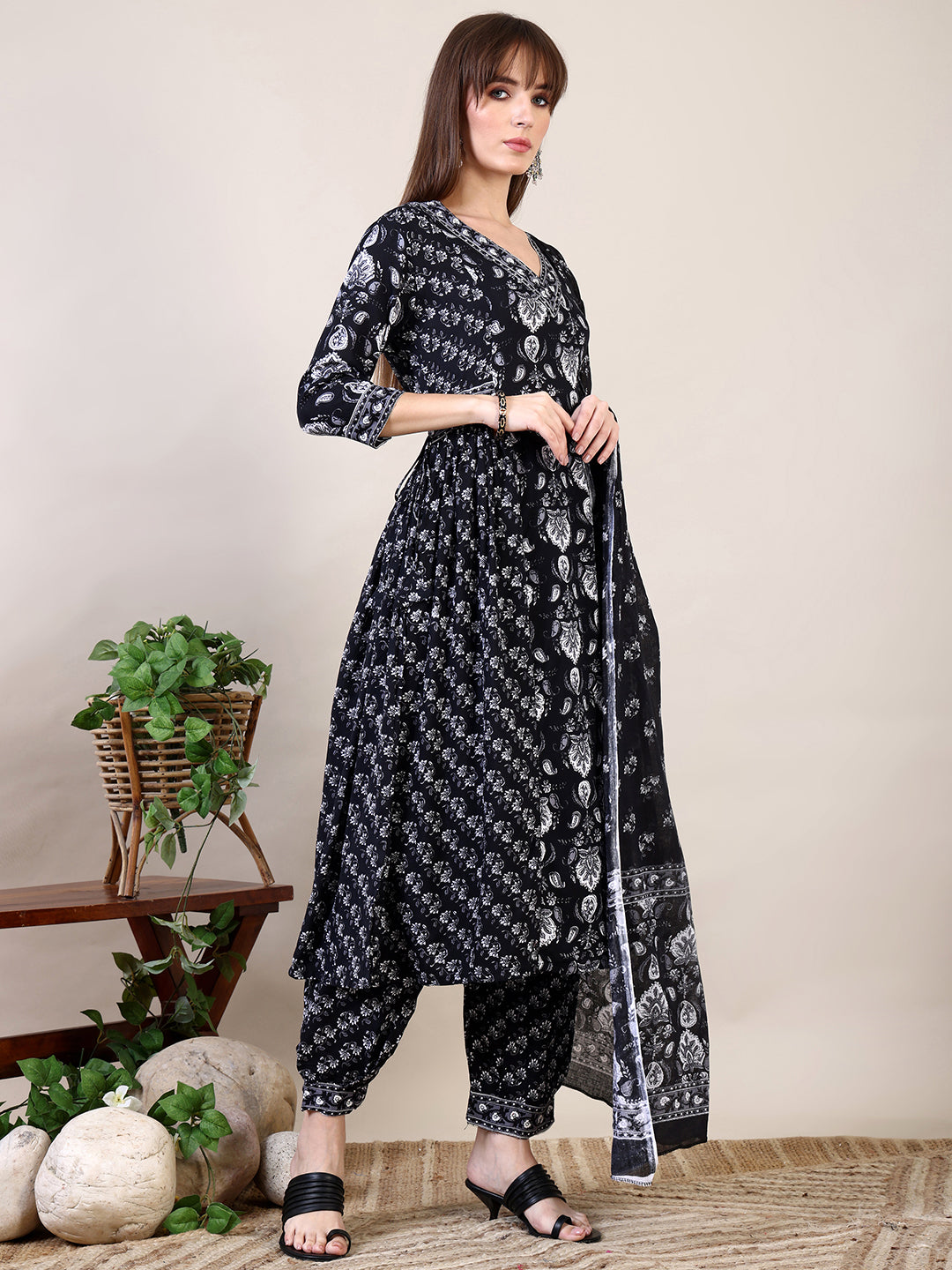 Printed Flared Kurta with Afghani Pant & Dupatta