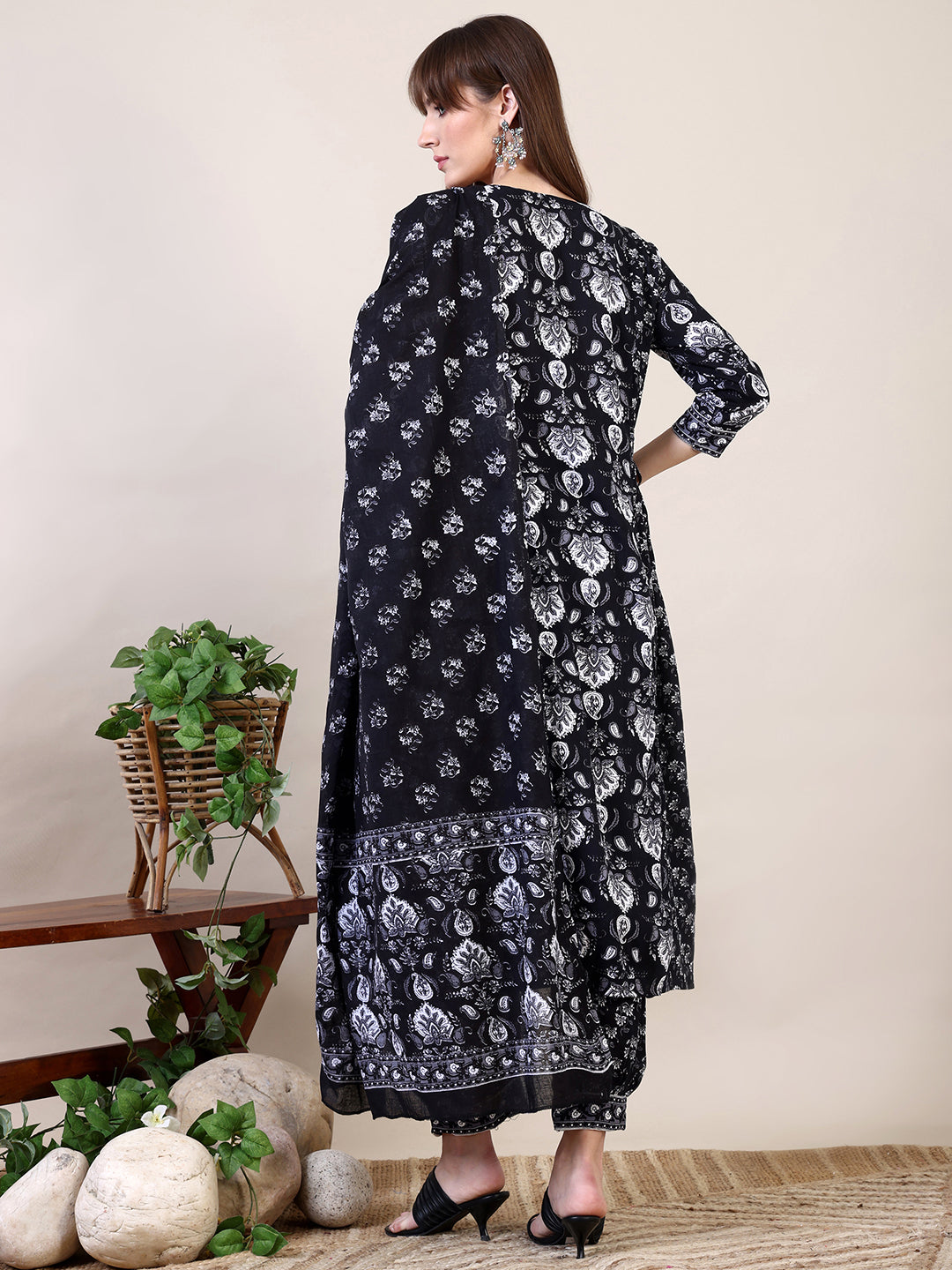 Printed Flared Kurta with Afghani Pant & Dupatta