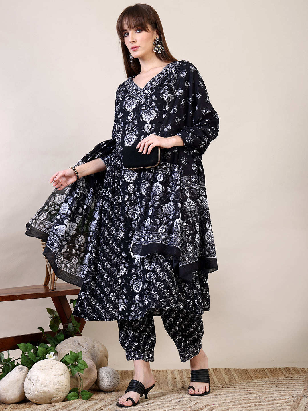 Printed Flared Kurta with Afghani Pant & Dupatta