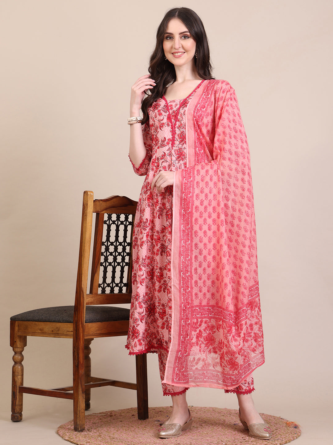 Floral Printed Flared Anarkali Kurta with Pant & Dupatta