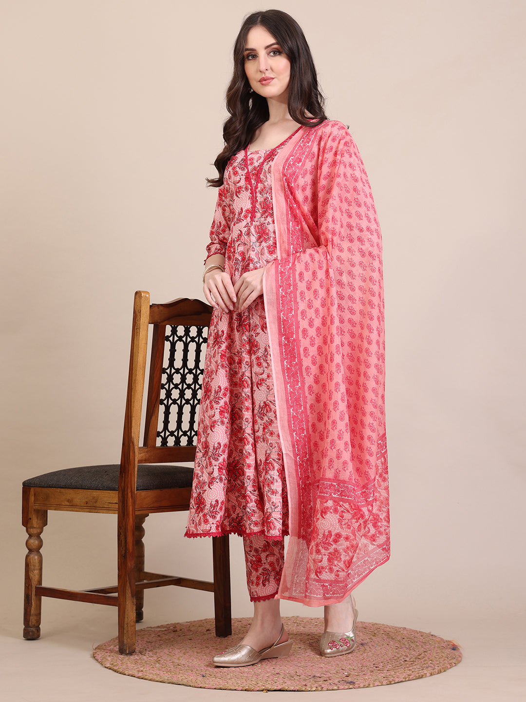 Floral Printed Flared Anarkali Kurta with Pant & Dupatta