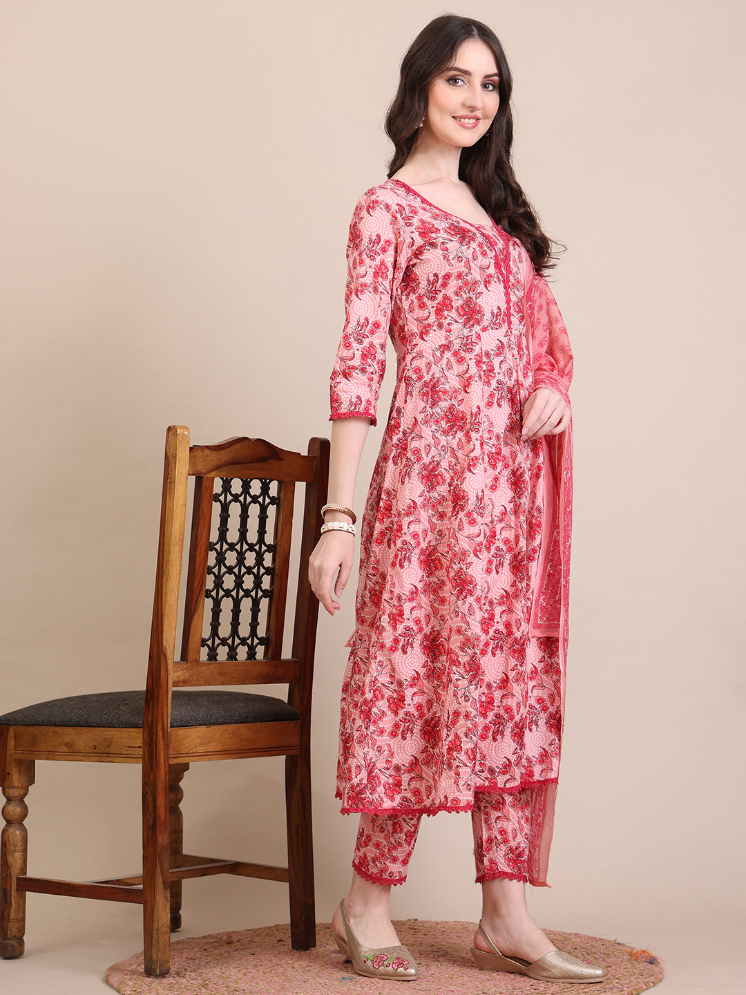 Floral Printed Flared Anarkali Kurta with Pant & Dupatta