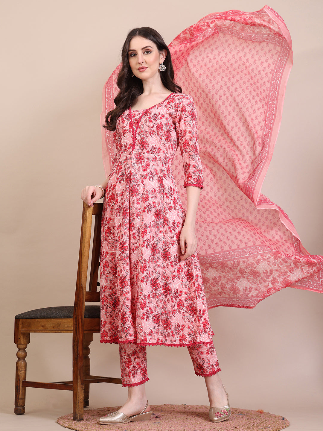 Floral Printed Flared Anarkali Kurta with Pant & Dupatta