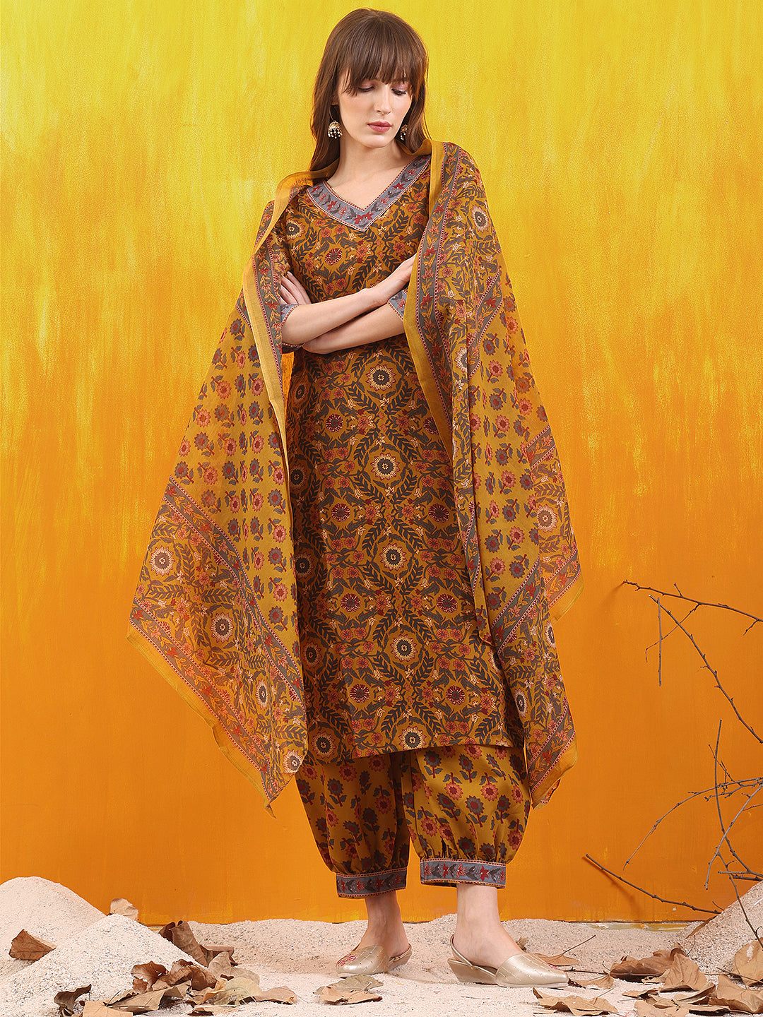 Printed Kurta with Afghani Pant & Dupatta