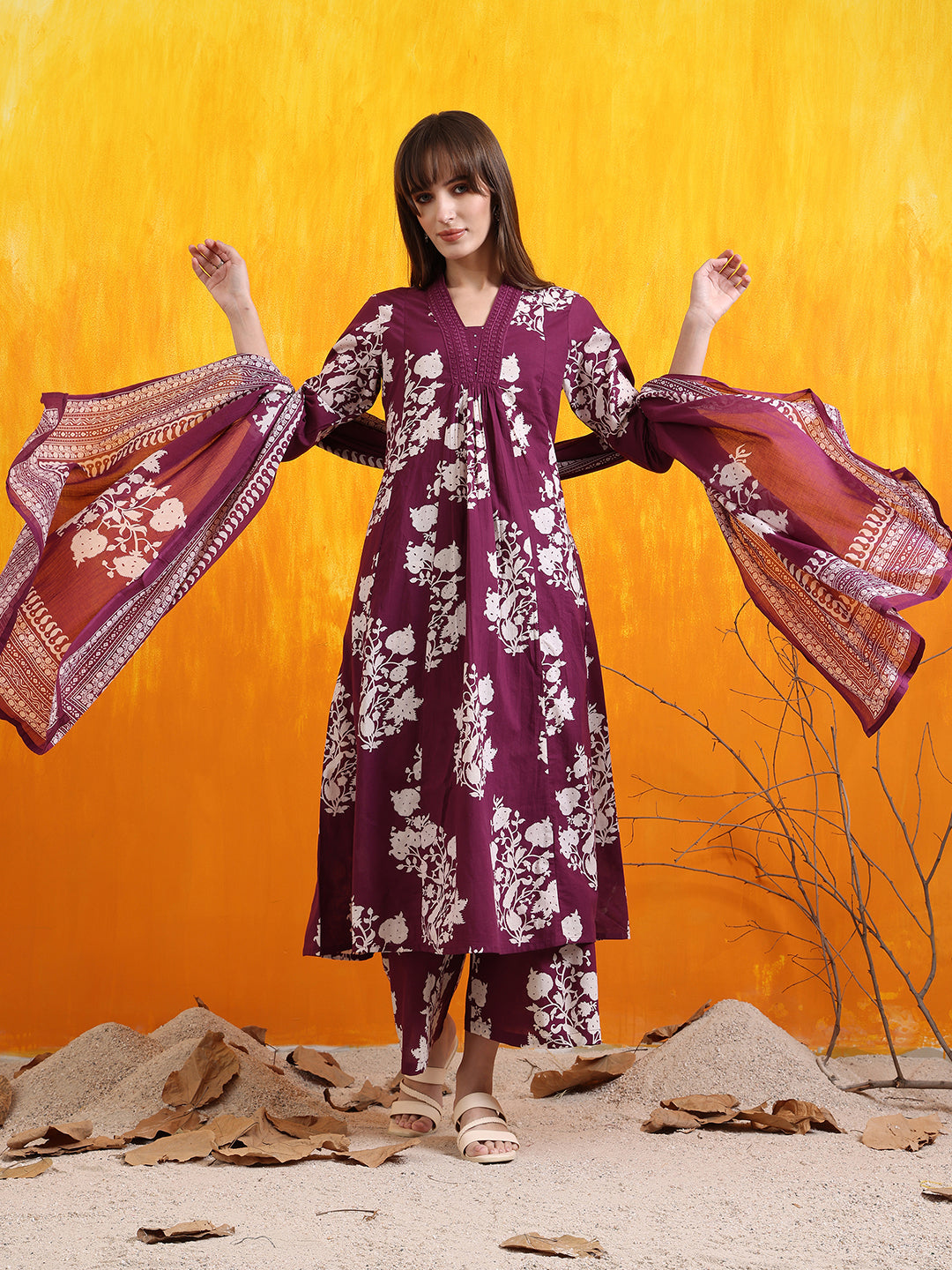 Embroidered & Printed Flared kurta with pant & Dupatta