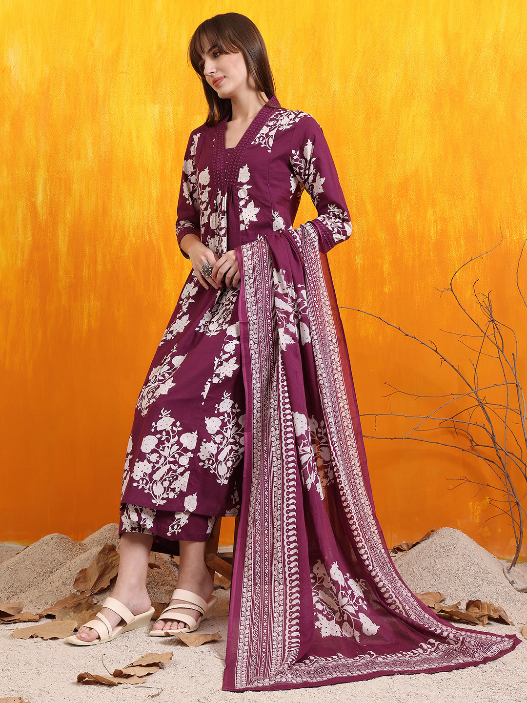 Embroidered & Printed Flared kurta with pant & Dupatta