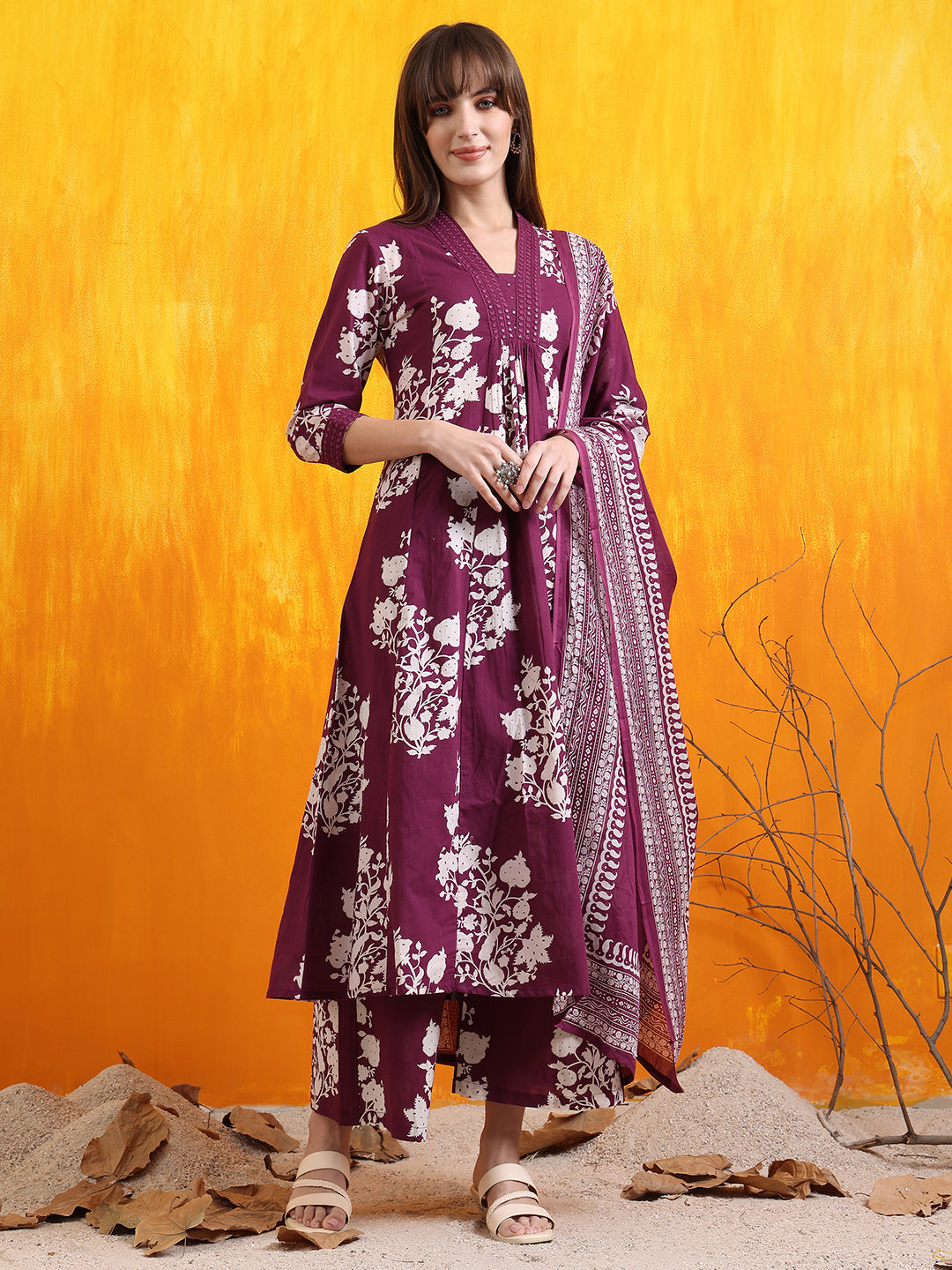 Embroidered & Printed Flared kurta with pant & Dupatta